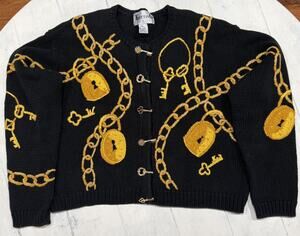 Vintage 80s/90s Knitting Needles Cardigan Large Black Lock & Key Embroidered